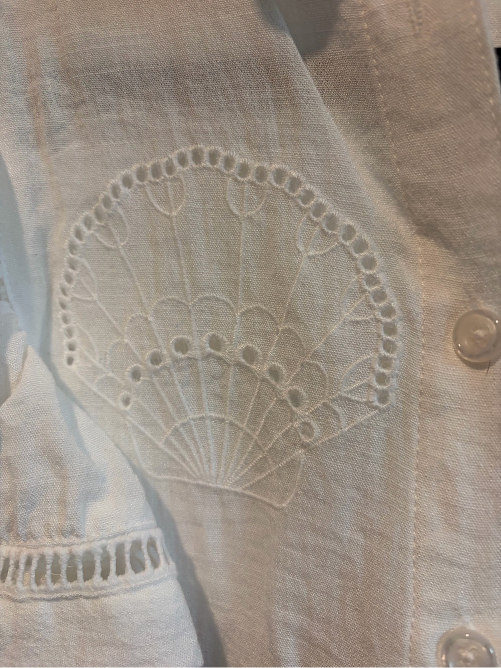 Calypso White Seashell Embroidered Ruffle Sleeve Button-Up Blouse